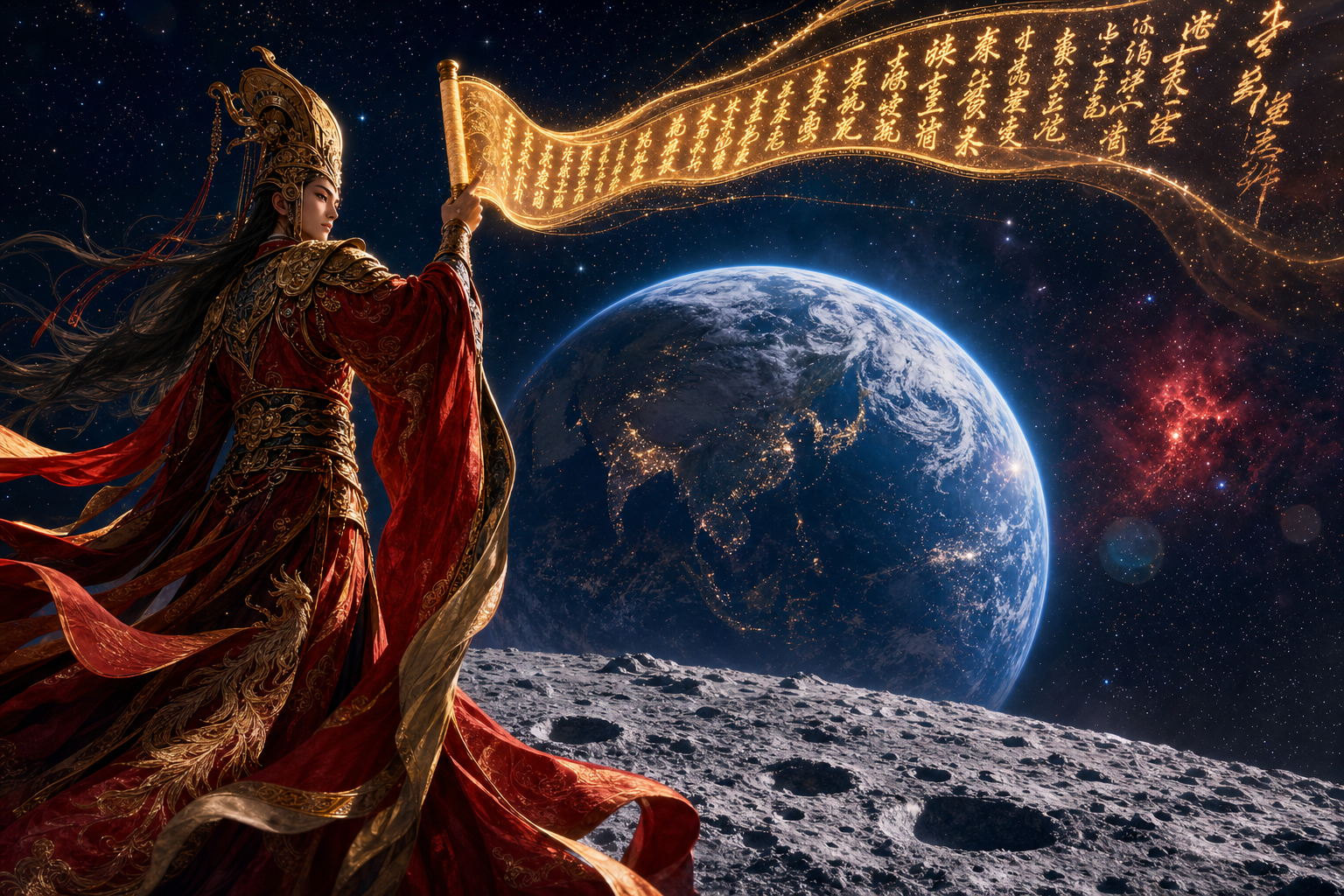 Eastern cultural champion with golden calligraphy scroll on the Moon