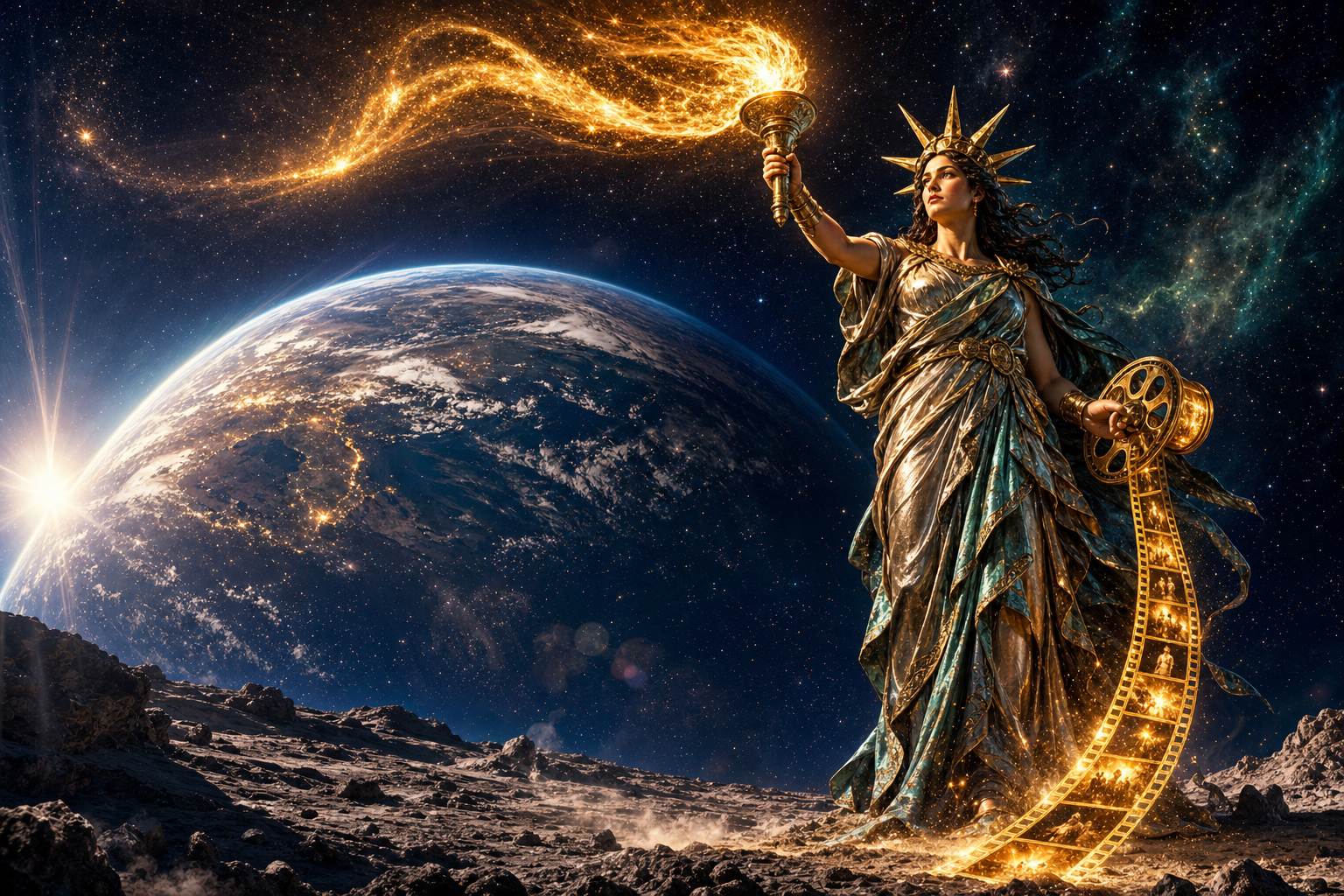 Western cultural champion with torch and golden cinema film on the Moon