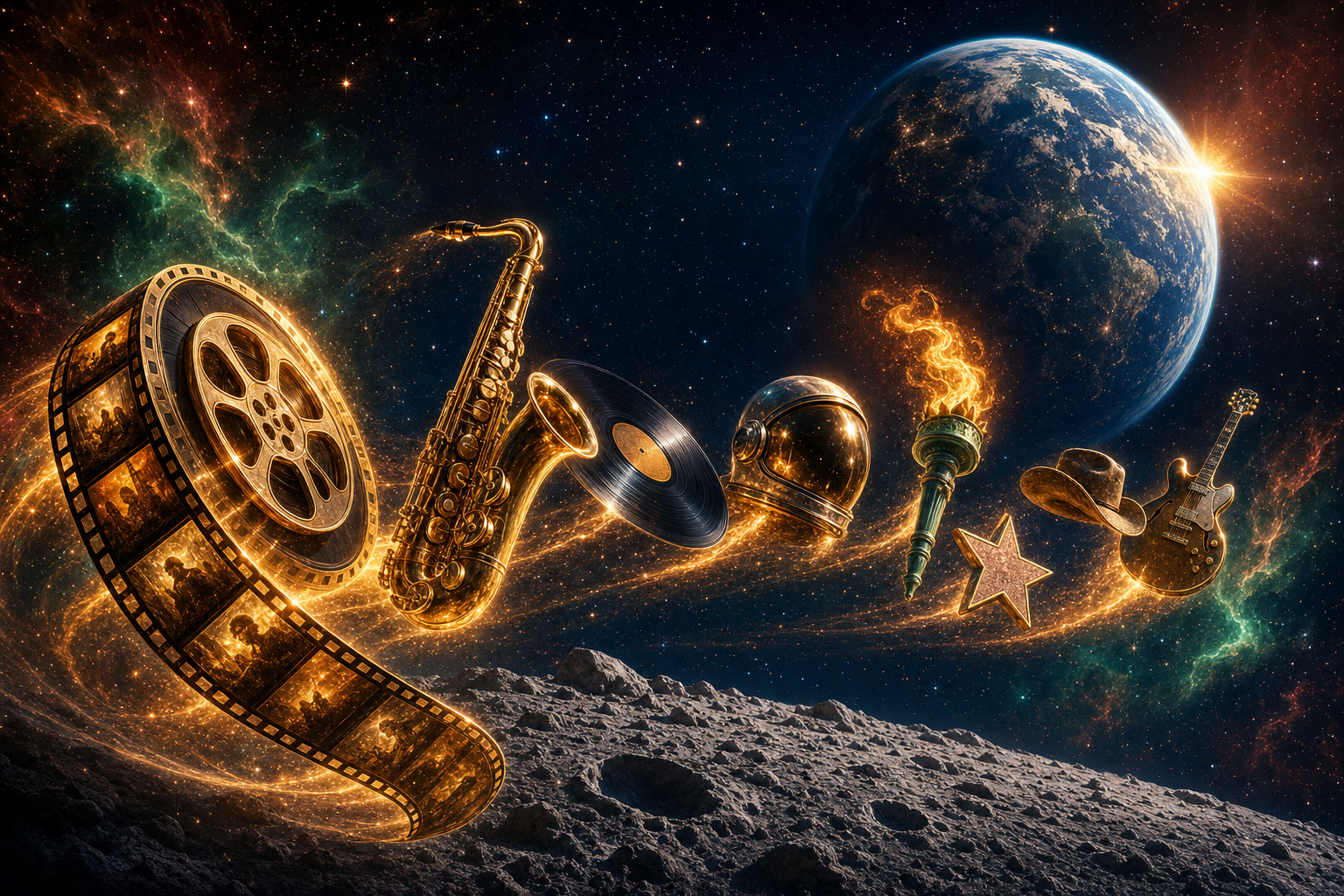 A procession of Western cultural artifacts floating toward Earth — cinema reel, saxophone, vinyl record, retro space helmet, torch, Hollywood star, cowboy hat, electric guitar
